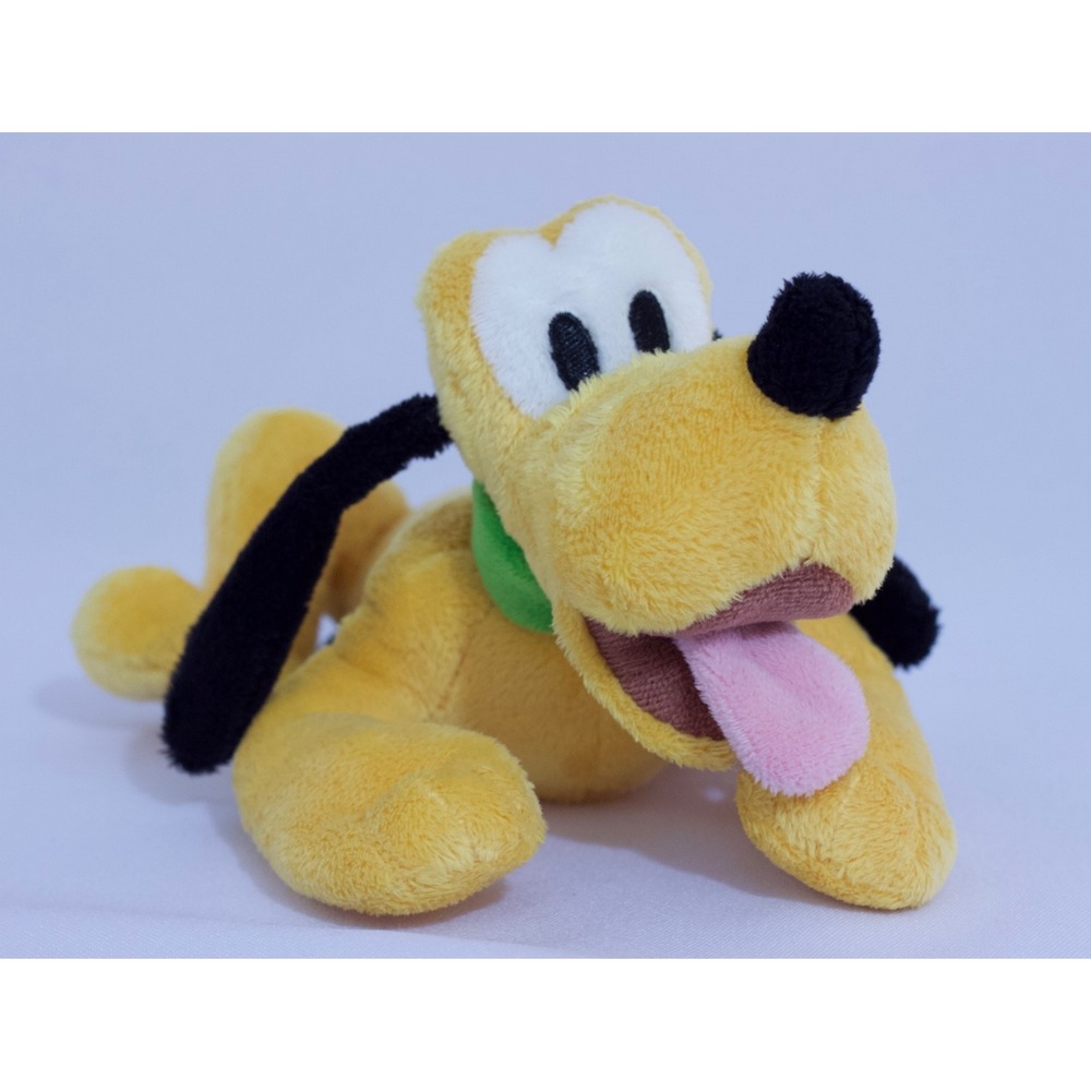 Disney Store Pluto Laying 8" Plush Stuffed Toy Dog‎ Green Collar Tongue Out